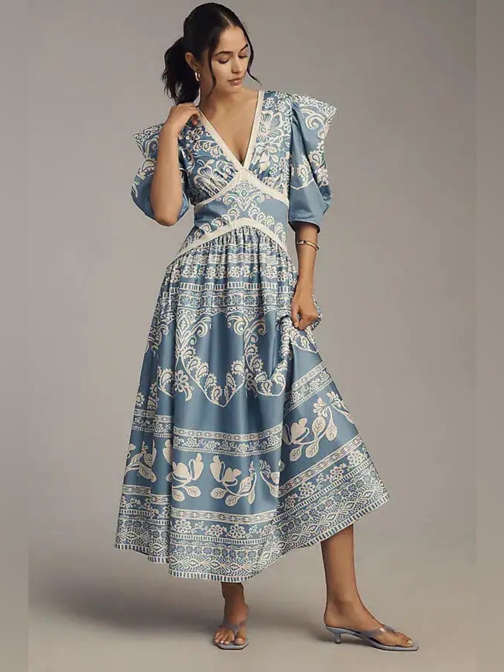 Farm Rio blue Printed V-Neck Puff-Sleeve Maxi Dress